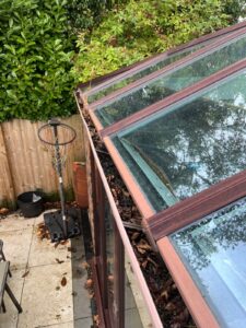 Top down view of conservatory guttering clogged with fallen leaves.
